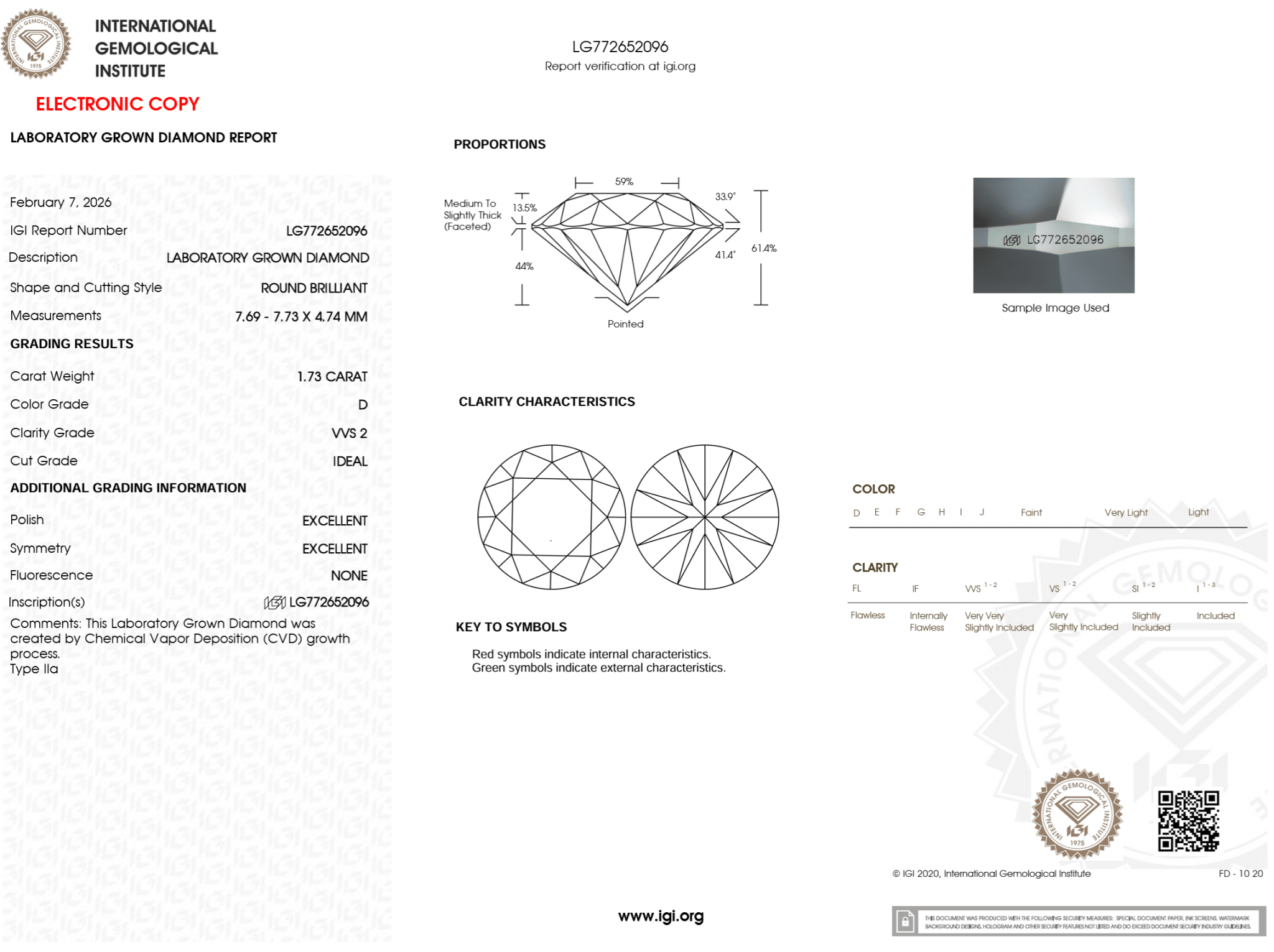 1.73 Carat D - VVS2 Round Lab Grown Diamond - IGI (124892) - PBD Loose Diamond