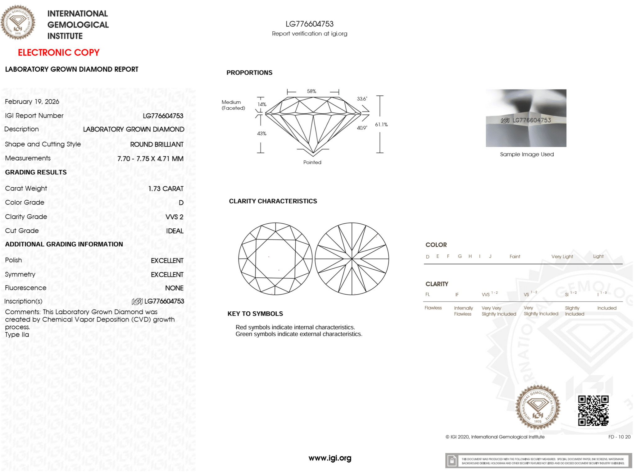 1.73 Carat D - VVS2 Round Lab Grown Diamond - IGI (124893) - PBD Loose Diamond