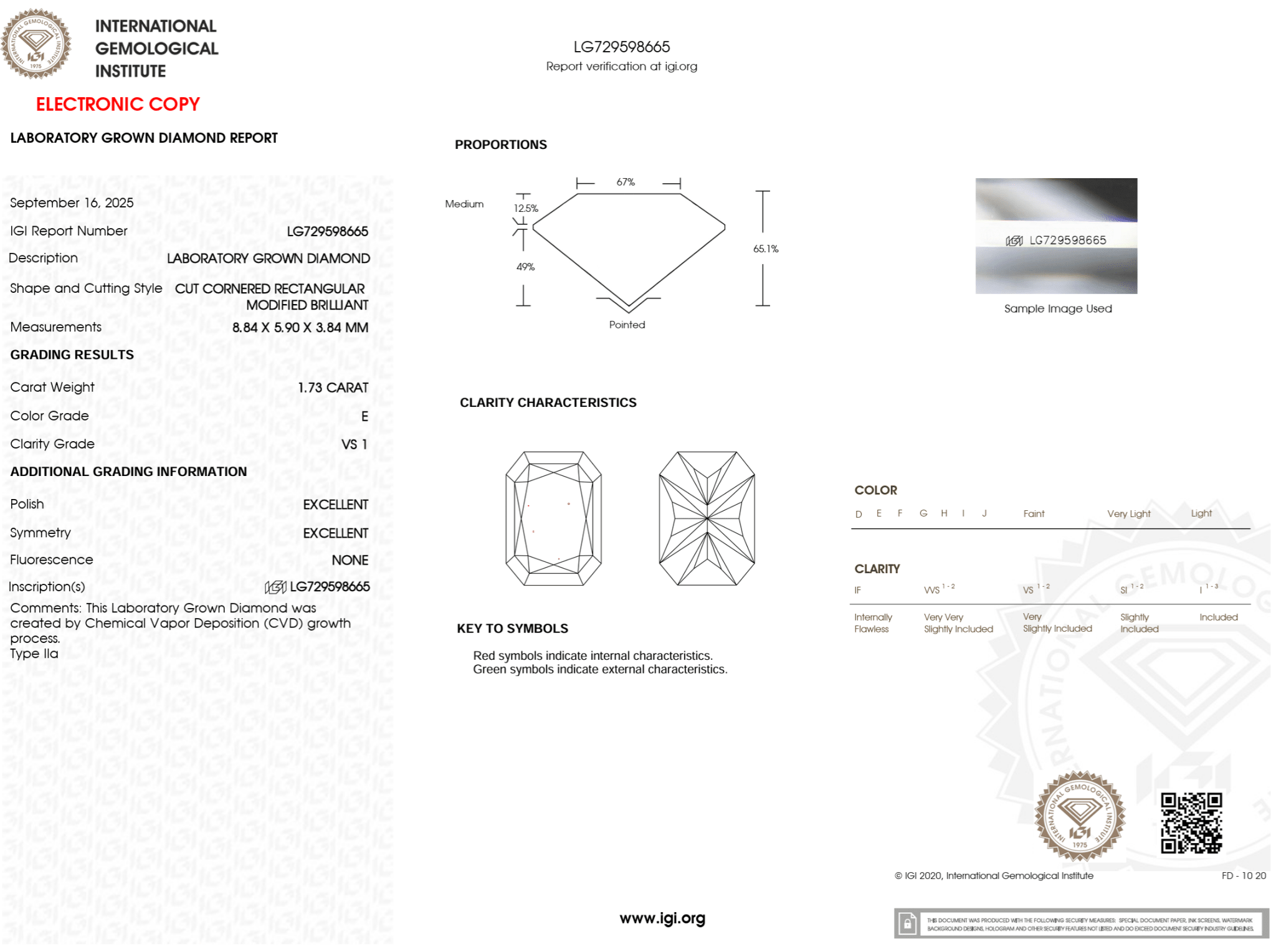 1.73 Carat E - VS1 Radiant Lab Grown Diamond - IGI (124798) - PBD Loose Diamond