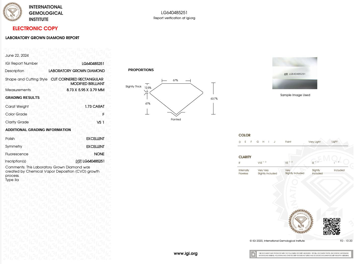 1.73 Carat F-VS1 Radiant Lab Grown Diamond - IGI (#49133) Loose Diamond Princess Bride Diamonds 