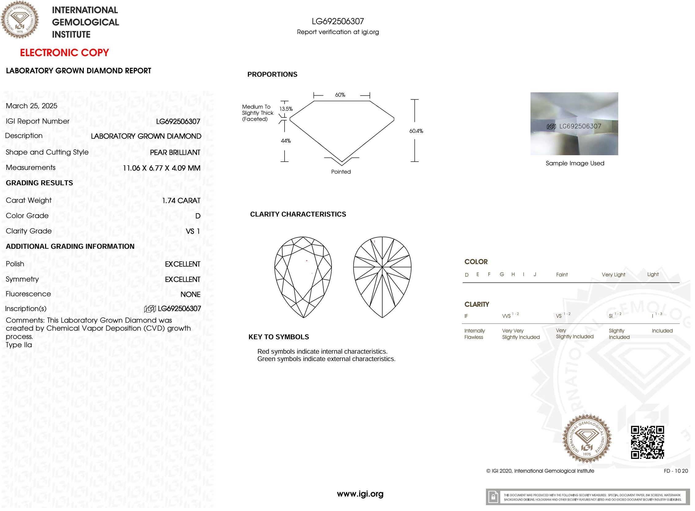 1.74 Carat D-VS1 Pear Lab Grown Diamond - IGI (#54294) Loose Diamond Princess Bride Diamonds 