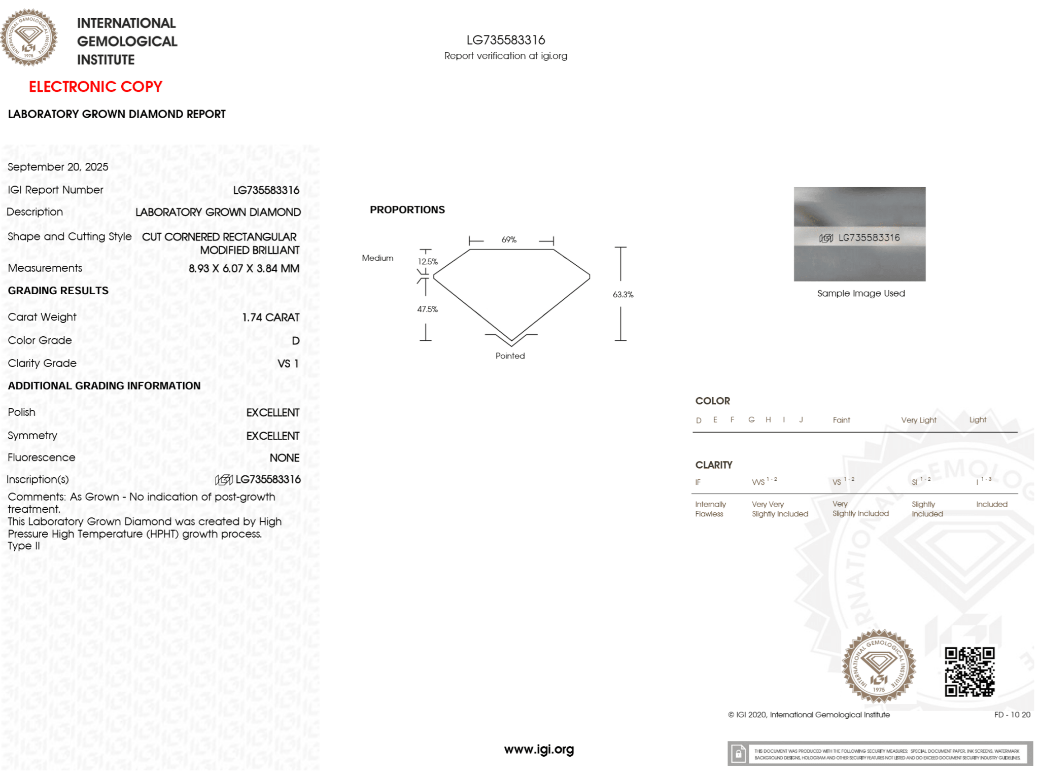 1.74 Carat D - VS1 Radiant Lab Grown Diamond - IGI (125168) - PBD Loose Diamond