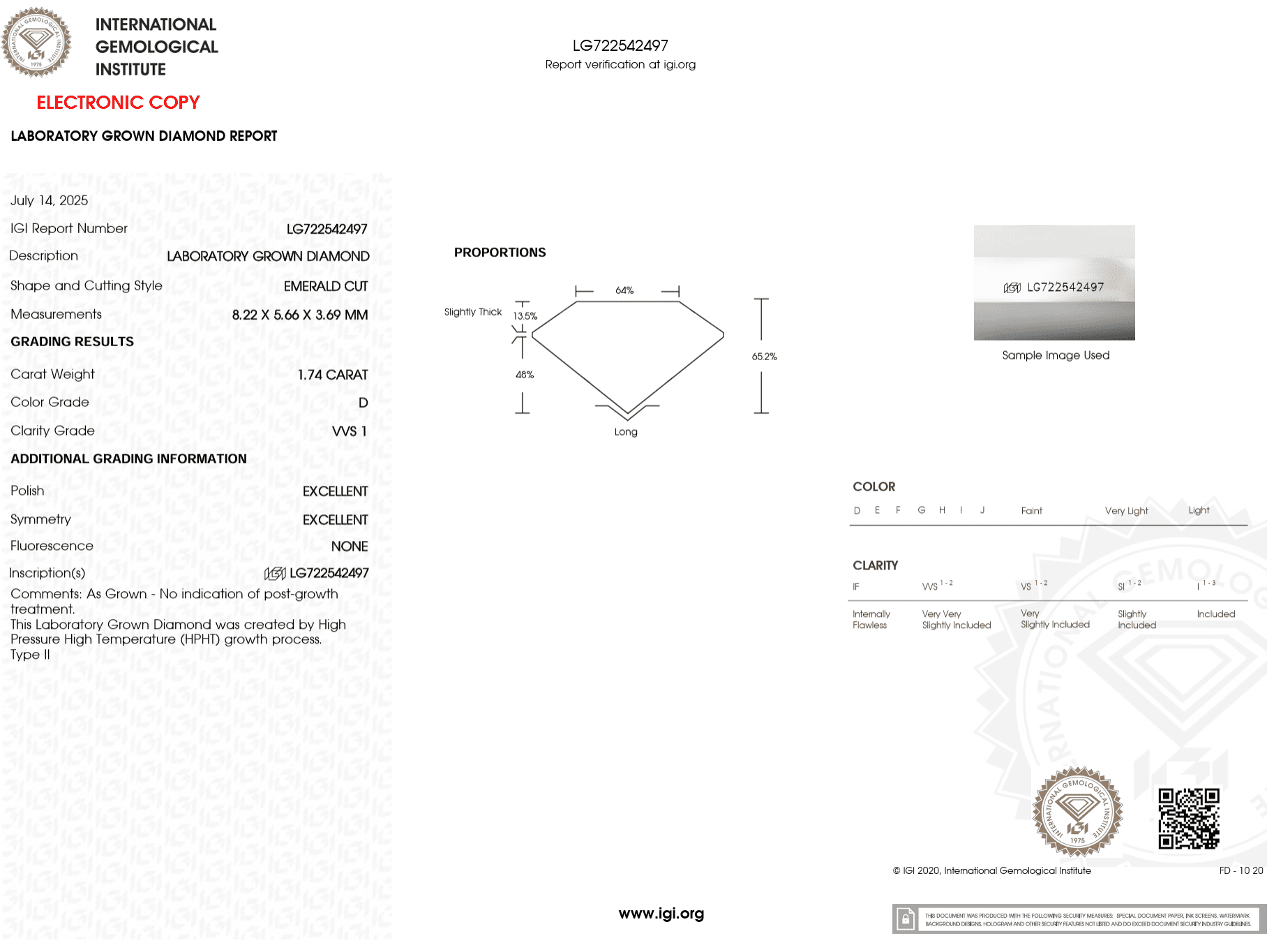 1.74 Carat D - VVS1 Emerald Lab Grown Diamond - IGI (121797) - PBD Loose Diamond