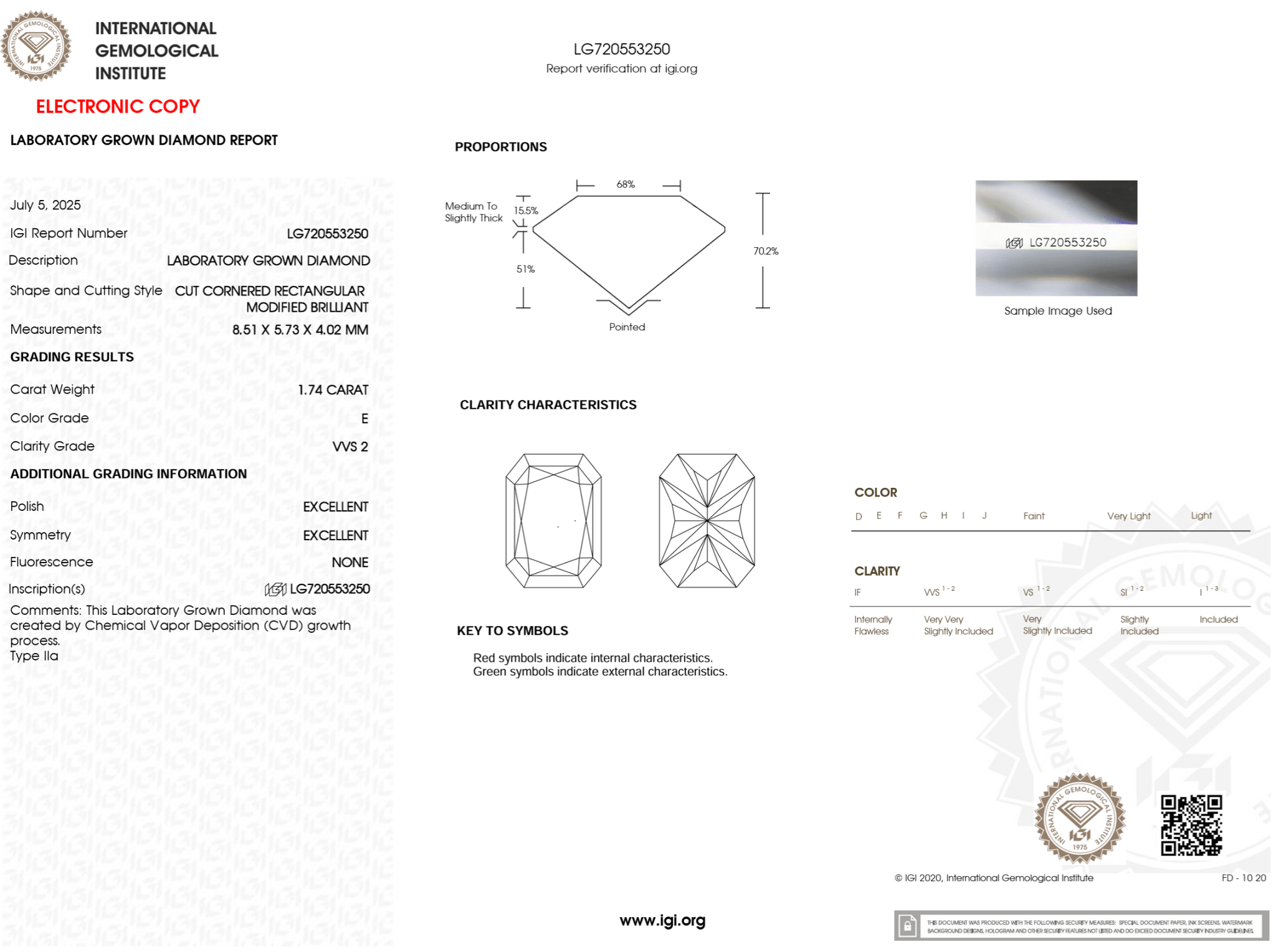 1.74 Carat E - VVS2 Radiant Lab Grown Diamond - IGI (124799) - PBD Loose Diamond