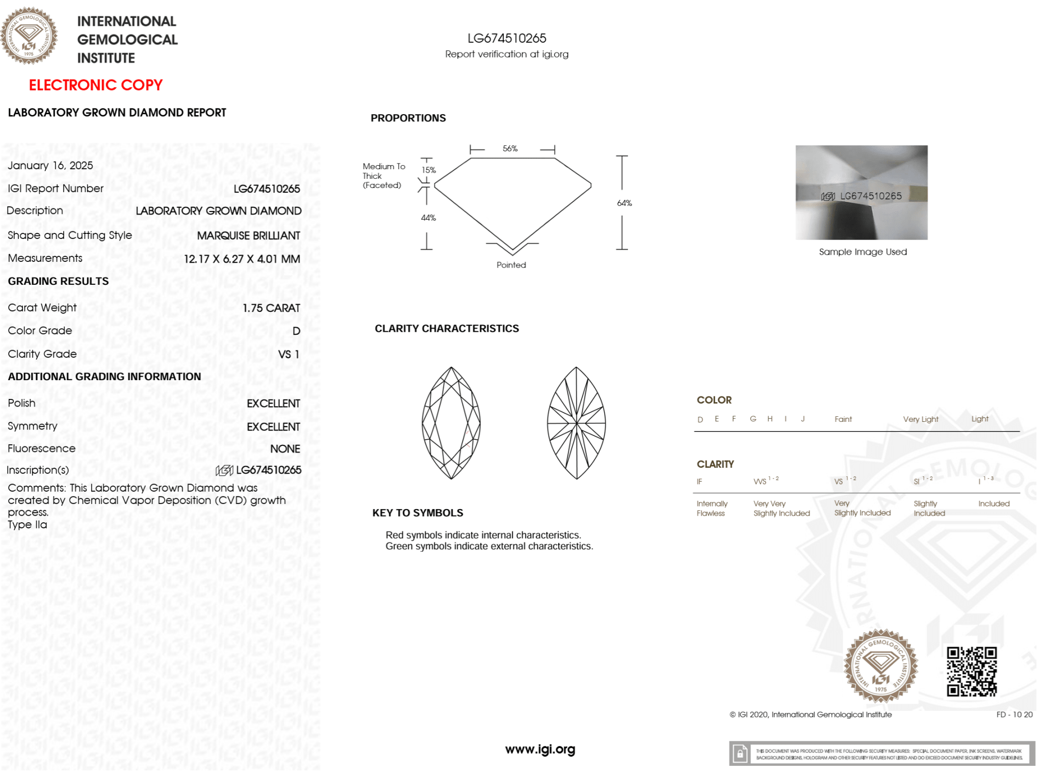 1.75 Carat D - VS1 Marquise Lab Grown Diamond - IGI (125350) - PBD Loose Diamond