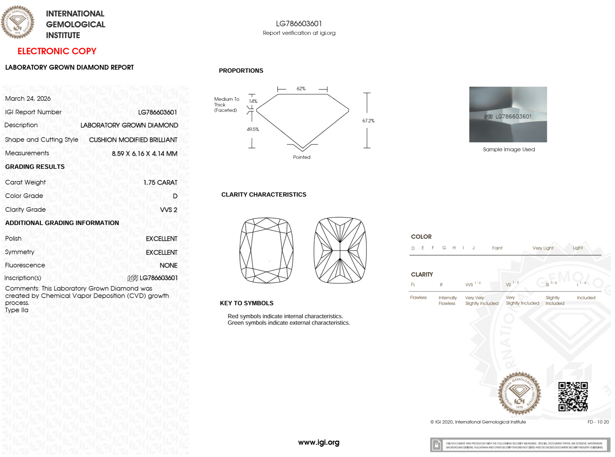 1.75 Carat D - VVS2 Elongated Cushion Lab Grown Diamond - IGI (125976) - PBD Loose Diamond