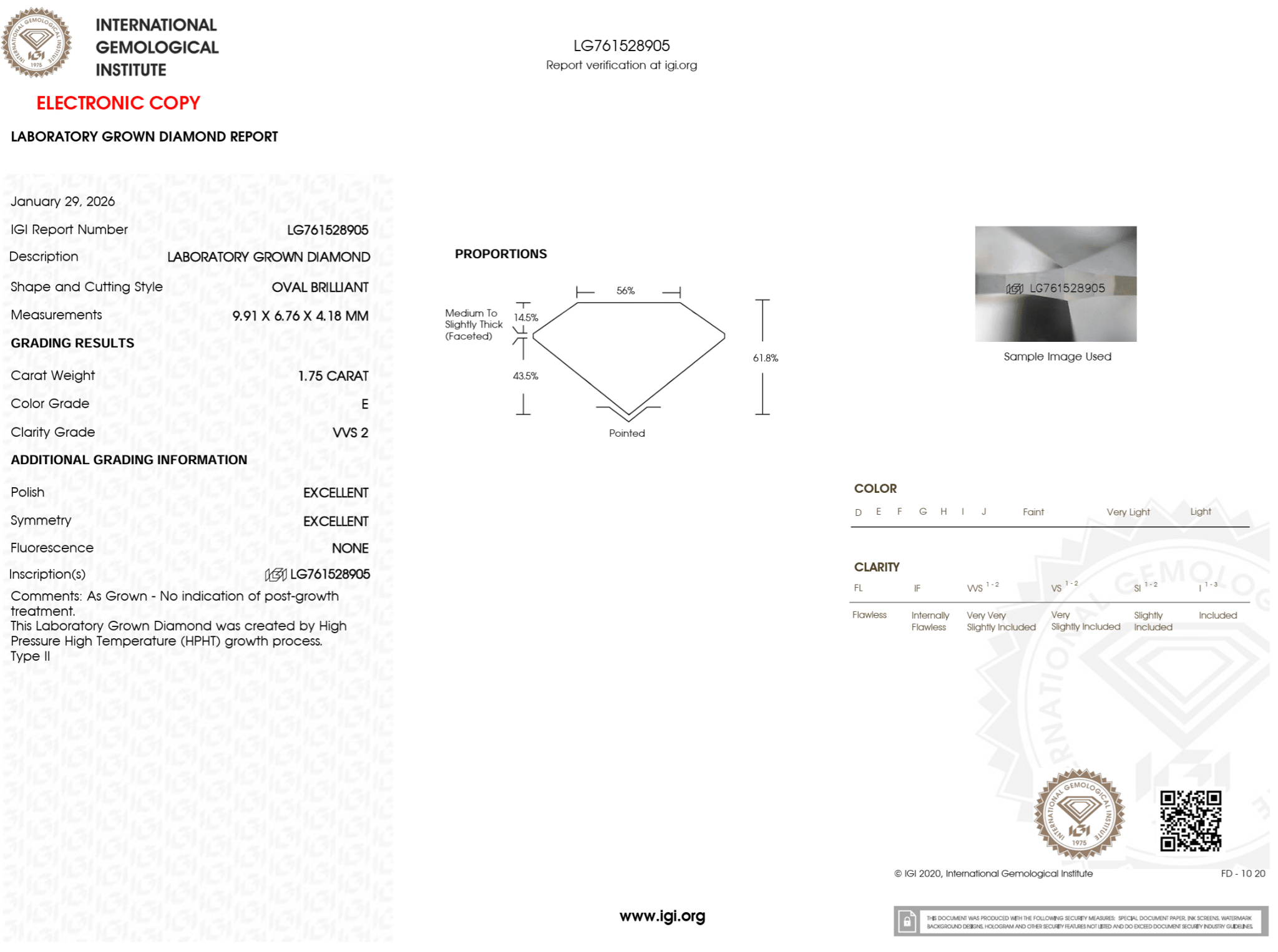 1.75 Carat E - VVS2 Oval Lab Grown Diamond - IGI (125383) - PBD Loose Diamond