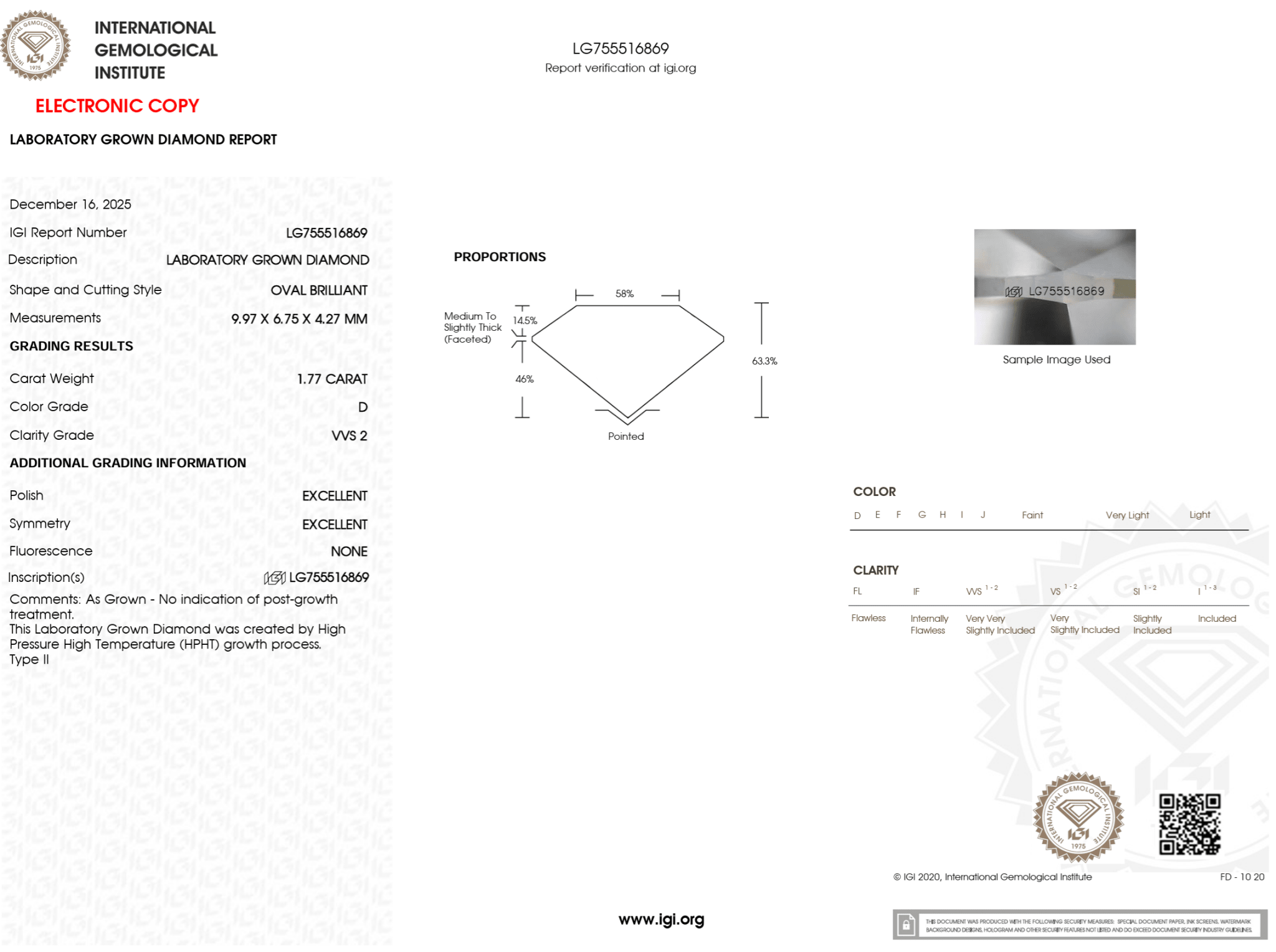 1.77 Carat D - VVS2 Oval Lab Grown Diamond - IGI (124202) - PBD Loose Diamond
