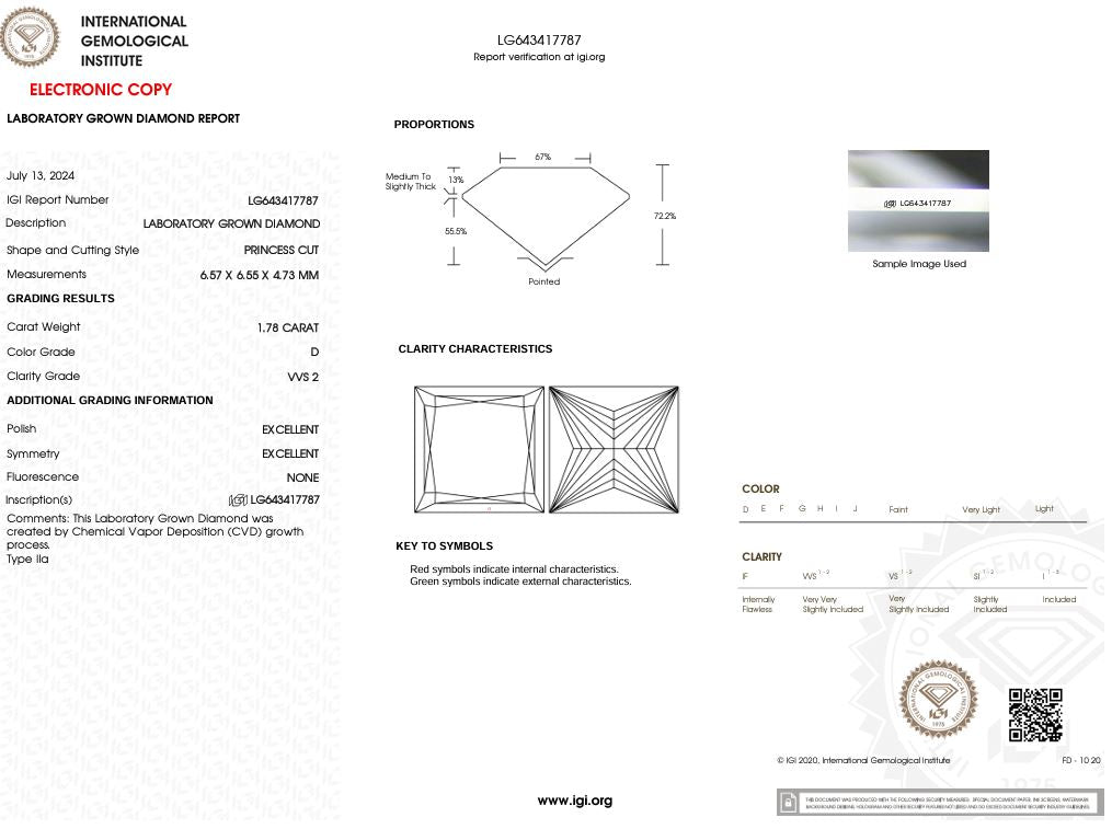 1.78 Carat D-VVS2 Princess Lab Grown Diamond - IGI (#49761) Loose Diamond Princess Bride Diamonds 