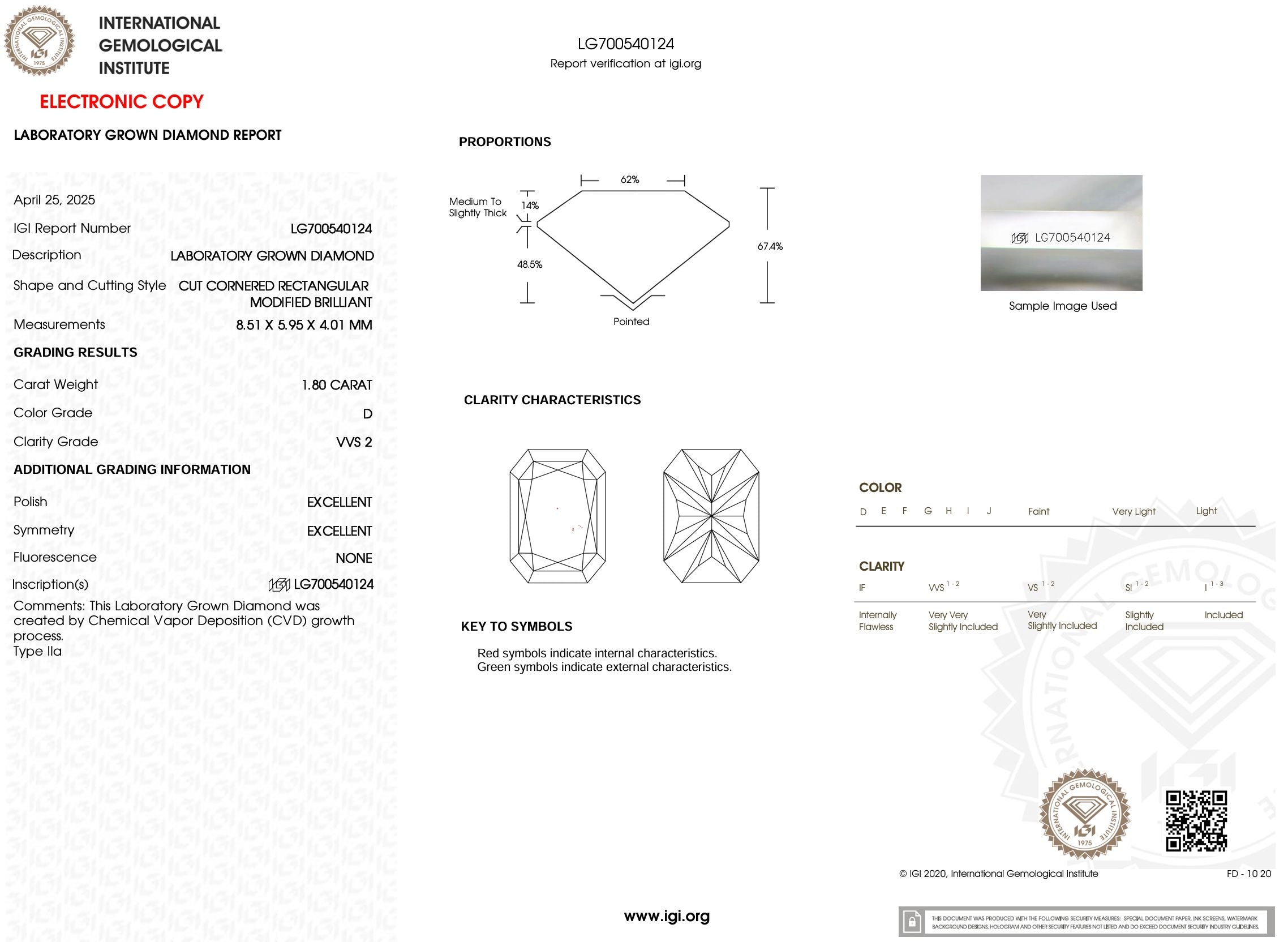 1.80 Carat D-VVS2 Radiant Lab Grown Diamond - IGI (#54130) Loose Diamond Princess Bride Diamonds 