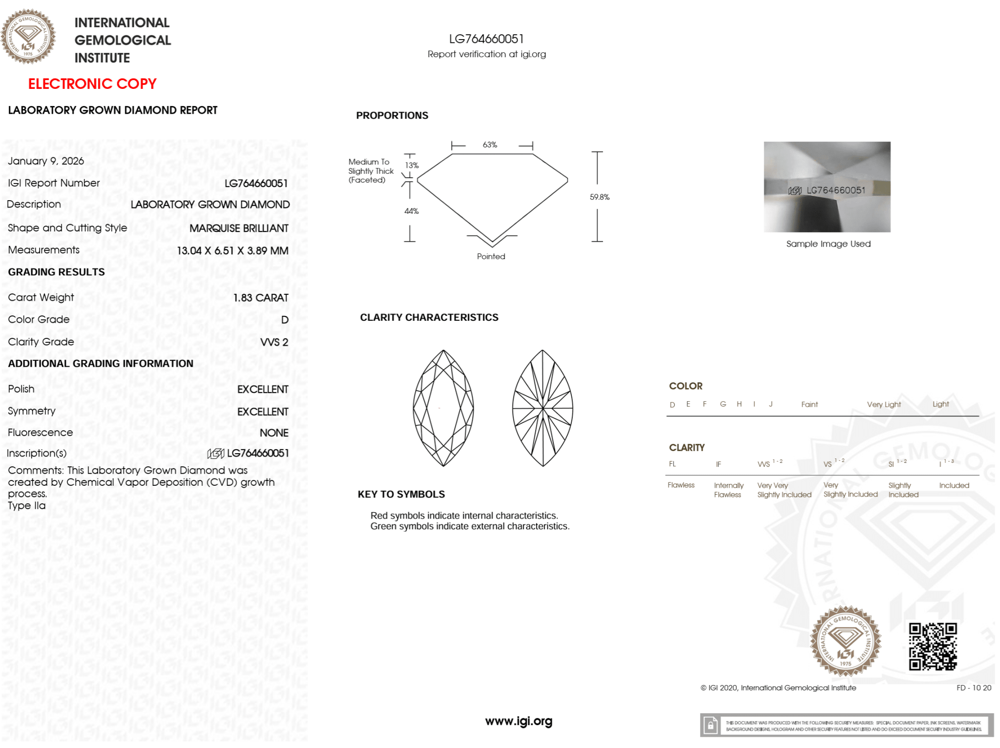 1.83 Carat D - VVS2 Marquise Lab Grown Diamond - IGI (124678) - PBD Loose Diamond