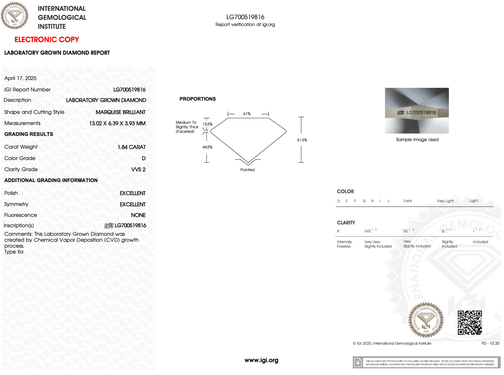 1.84 Carat D - VVS2 Marquise Lab Grown Diamond - IGI (121904) - PBD Loose Diamond