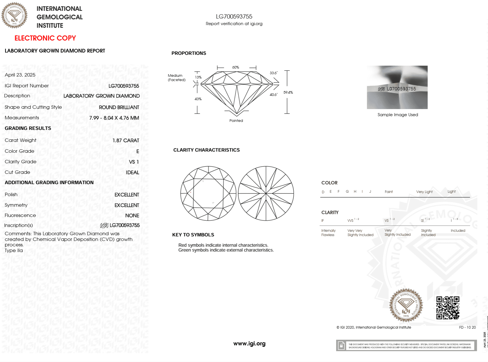 1.87 Carat E - VS1 Round Lab Grown Diamond - IGI (122616) - PBD Loose Diamond
