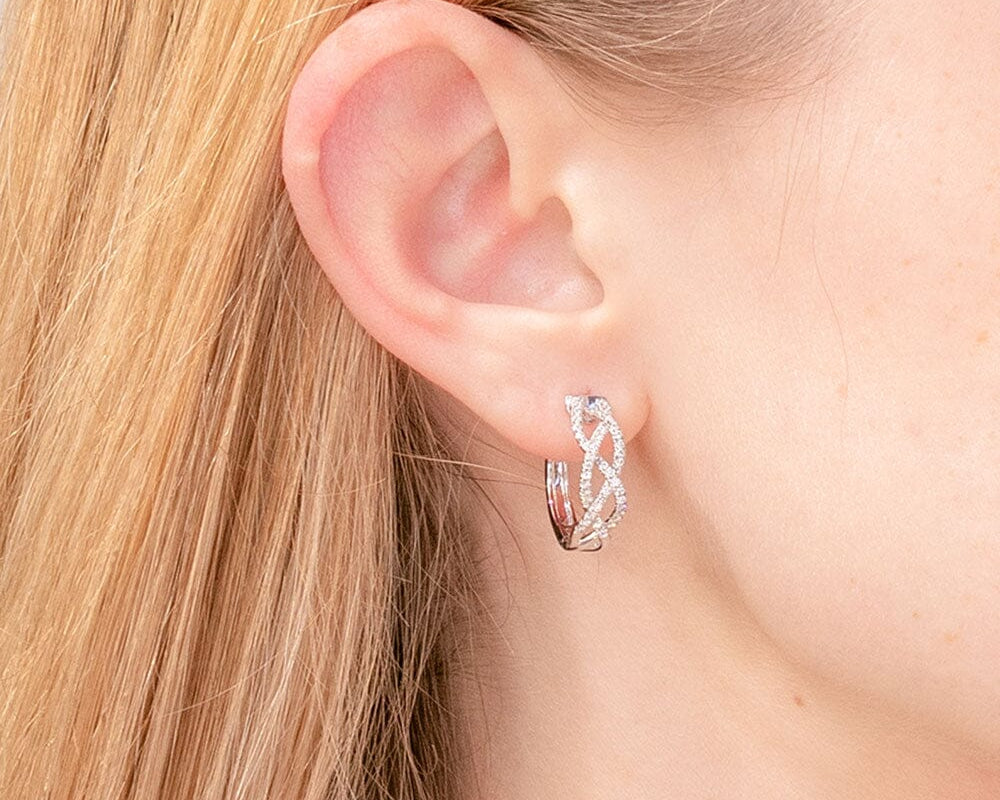 18mm 14k White Gold Pavé Braided Hoops Earrings Princess Bride Diamonds 