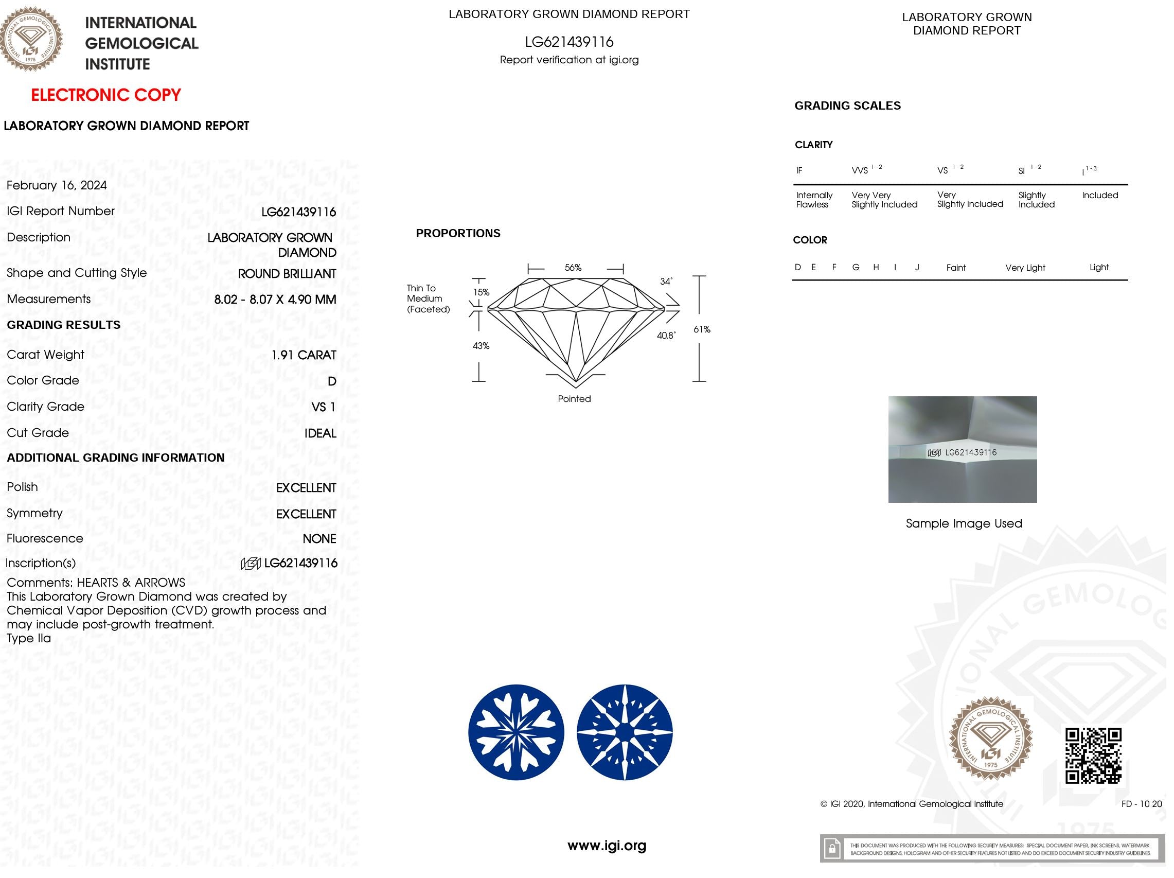 1.91 Carat D-VS1 H&A Round Lab Grown Diamond - IGI (#4855) Loose Diamond Princess Bride Diamonds 