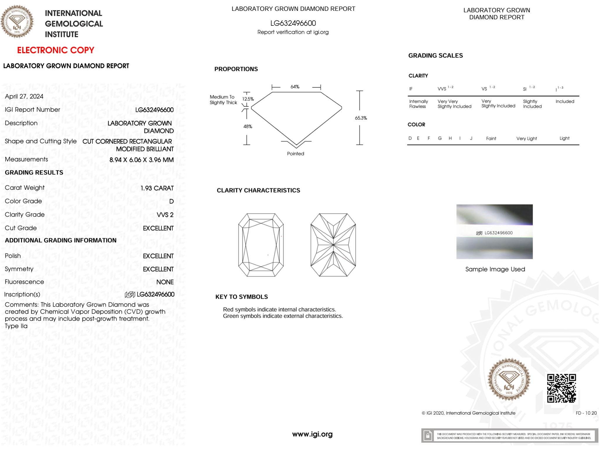 1.93 Carat D-VVS2 Excellent Cut Radiant Lab Grown Diamond - IGI (#50535) Loose Diamond Princess Bride Diamonds 