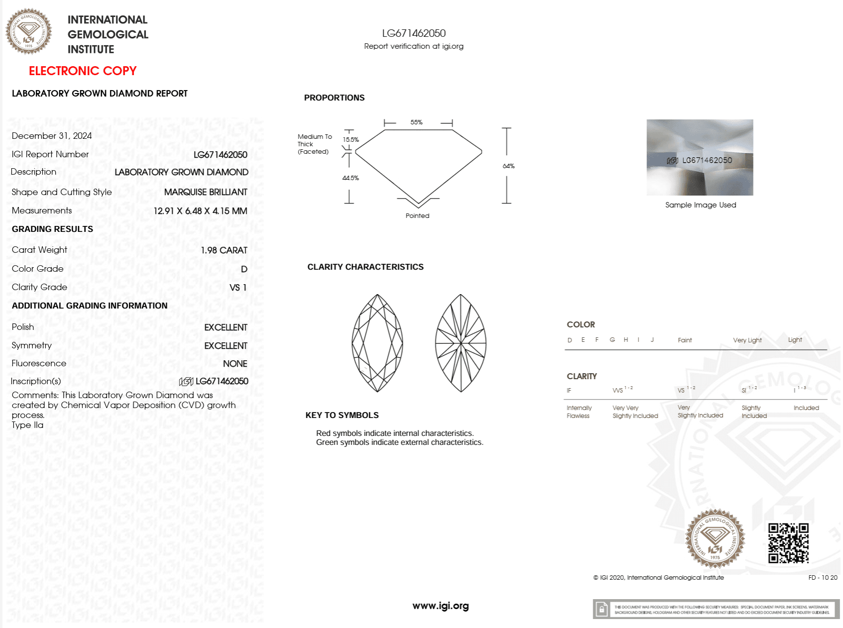 1.98 Carat D - VS1 Marquise Lab Grown Diamond - IGI (122967) - PBD Loose Diamond