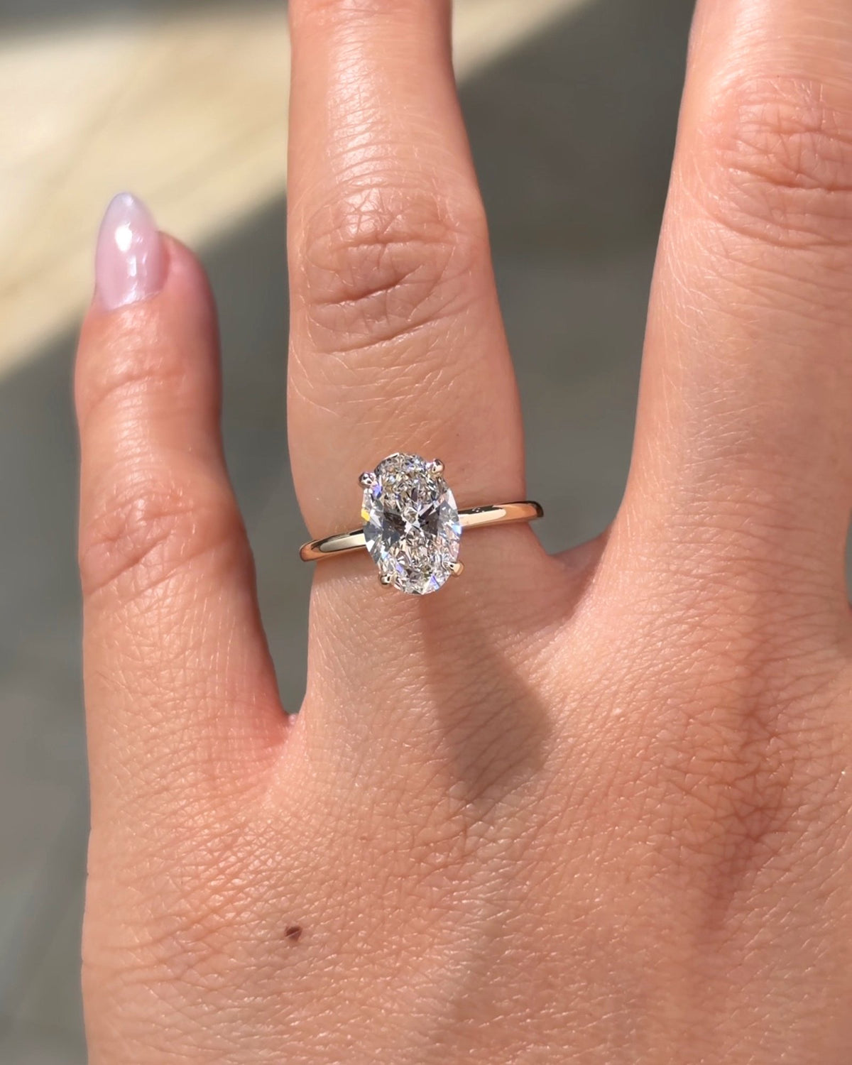 2.01ct E VS1 oval lab grown diamond Leah engagement ring in 14K yellow gold