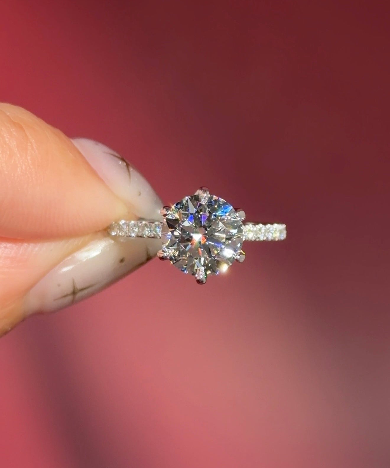 2ct round lab diamond Samantha style engagement rings with a classic pave band and diamond petal prongs in Huntington beach California 