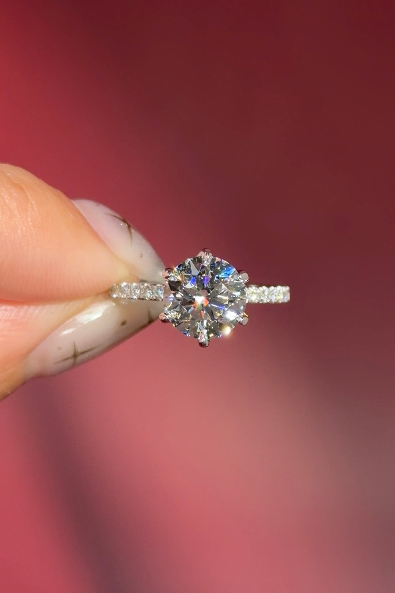 2ct round lab diamond Samantha style engagement rings with a classic pave band and diamond petal prongs in Huntington beach California 