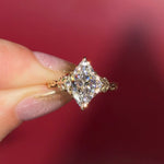 2.09ct D-VVS2 Marquise Lab Diamond Arwen. Nature inspired engagement ring with organic leaves made of gold going up the band to hold the center stone with petal prongs.