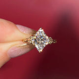2.09ct D-VVS2 Marquise Lab Diamond Arwen. Nature inspired engagement ring with organic leaves made of gold going up the band to hold the center stone with petal prongs.
