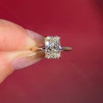 2.54ct F-VS1 Radiant Lab Diamond Leah. Simple and low maintenance, the Leah is a timeless solitaire designed for everyday wear. Crafted in solid 14k yellow gold, this traditional style features our classic belt design four prong head, offering added security while still maintaining one of the lowest maintenance settings we offer ✨