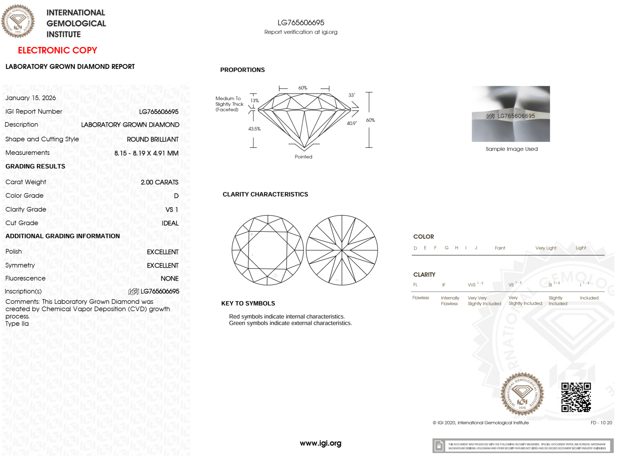 2.00 Carat D - VS1 Round Lab Grown Diamond - IGI (124320) - PBD Loose Diamond