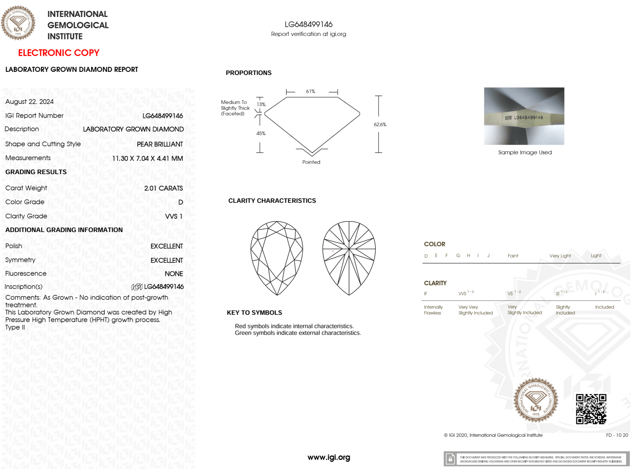 2.01 Carat D - VVS1 Pear Lab Grown Diamond - IGI (125292) - PBD Loose Diamond
