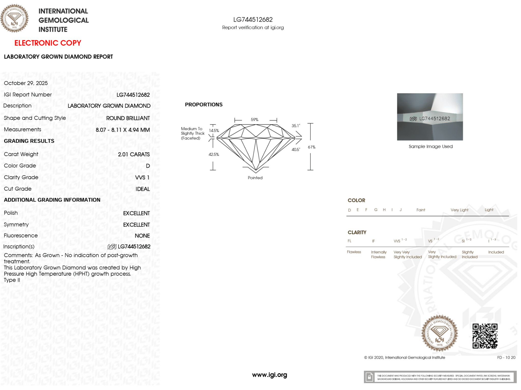 2.01 Carat D - VVS1 Round Lab Grown Diamond - IGI (125265) - PBD Loose Diamond