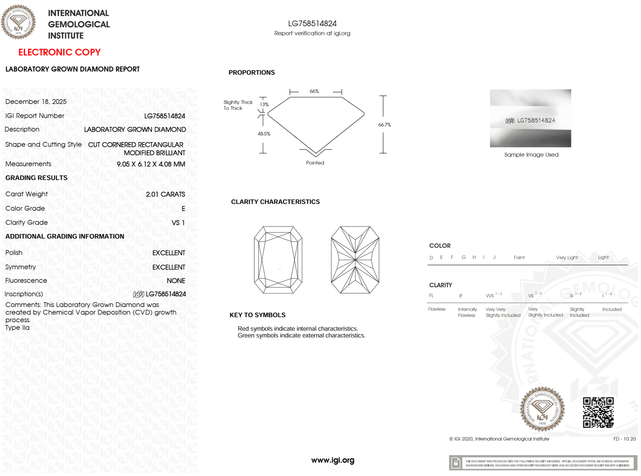 2.01 Carat E - VS1 Radiant Lab Grown Diamond - IGI (123798) - PBD Loose Diamond