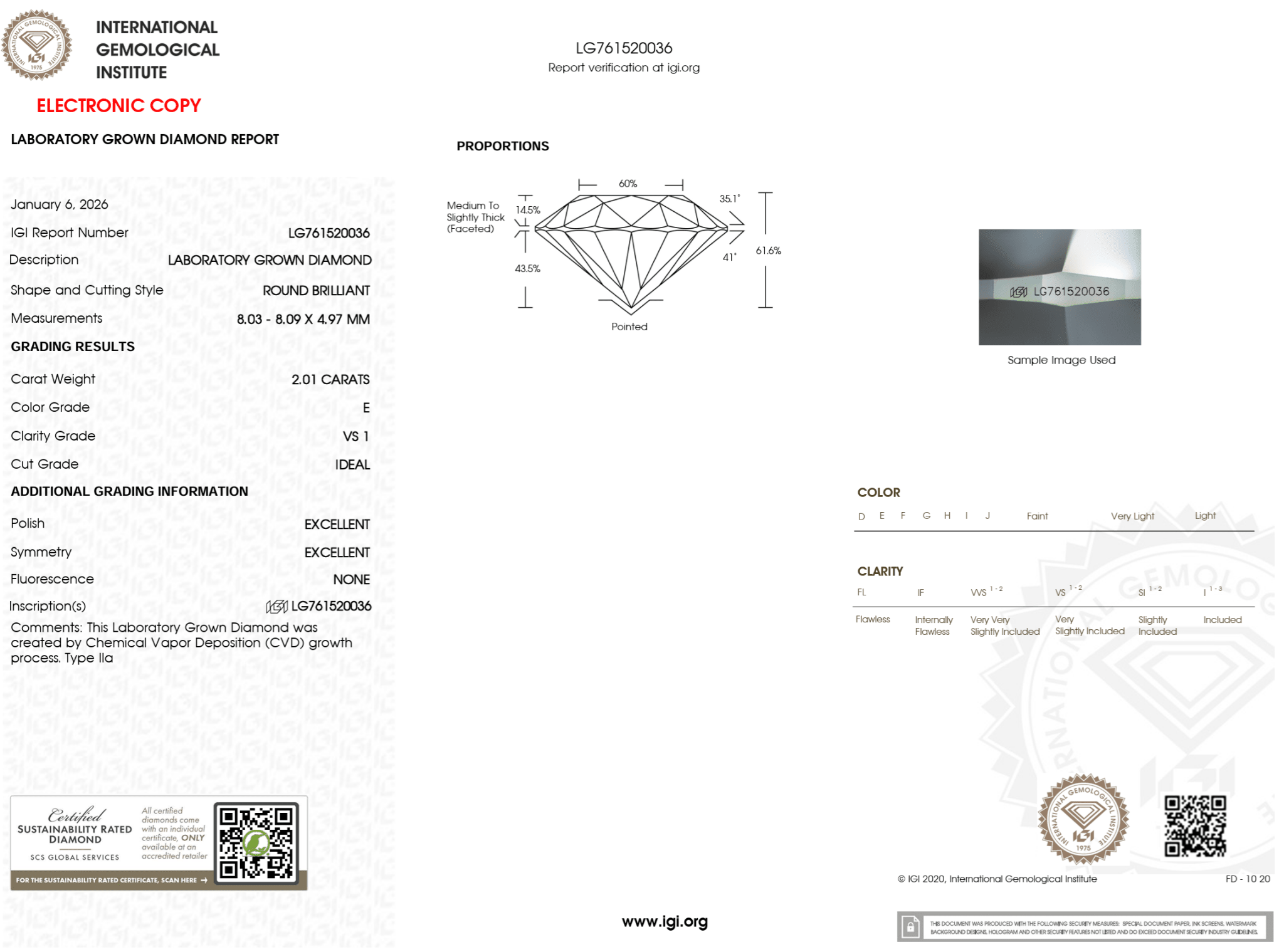2.01 Carat E - VS1 Round Lab Grown Diamond - IGI (124317) - PBD Loose Diamond