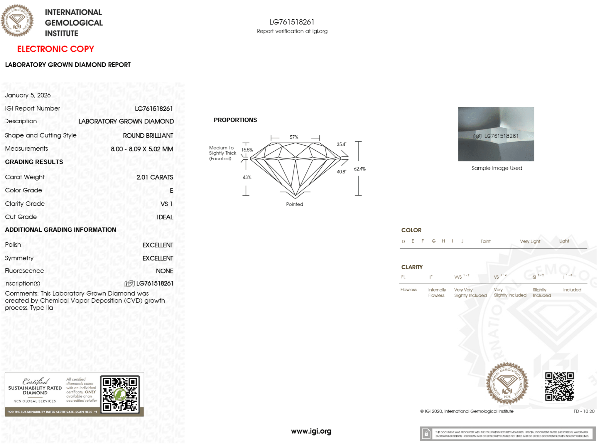 2.01 Carat E - VS1 Round Lab Grown Diamond - IGI (124318) - PBD Loose Diamond