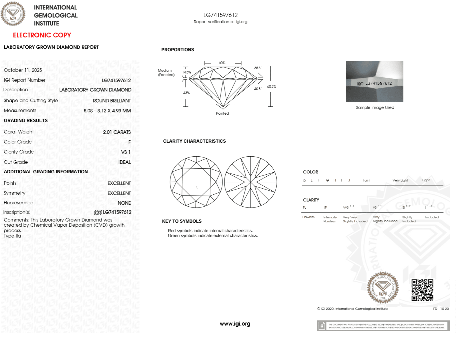 2.01 Carat F - VS1 Round Lab Grown Diamond - IGI (122573) - PBD Loose Diamond