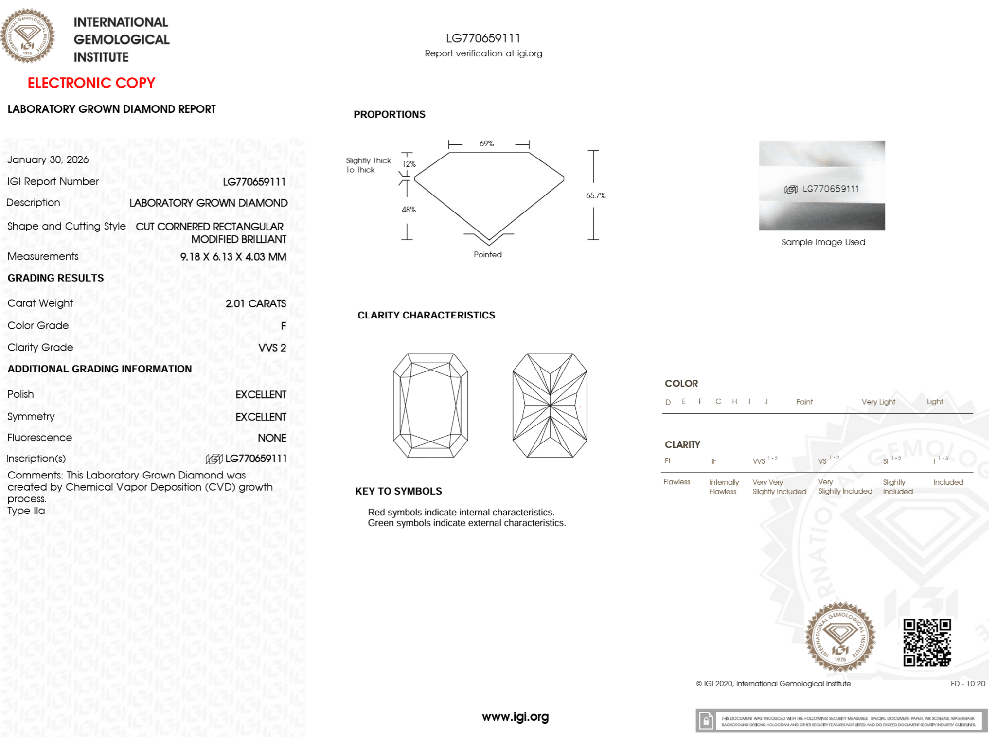 2.01 Carat F - VVS2 Radiant Lab Grown Diamond - IGI (125345) - PBD Loose Diamond