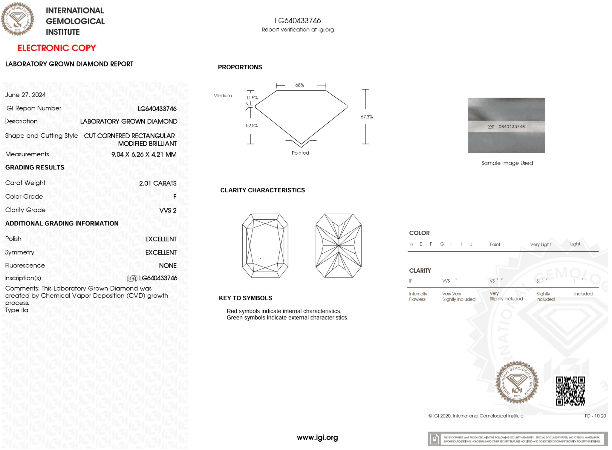 2.01 Carat F - VVS2 Radiant Lab Grown Diamond - IGI (54350) - PBD Loose Diamond