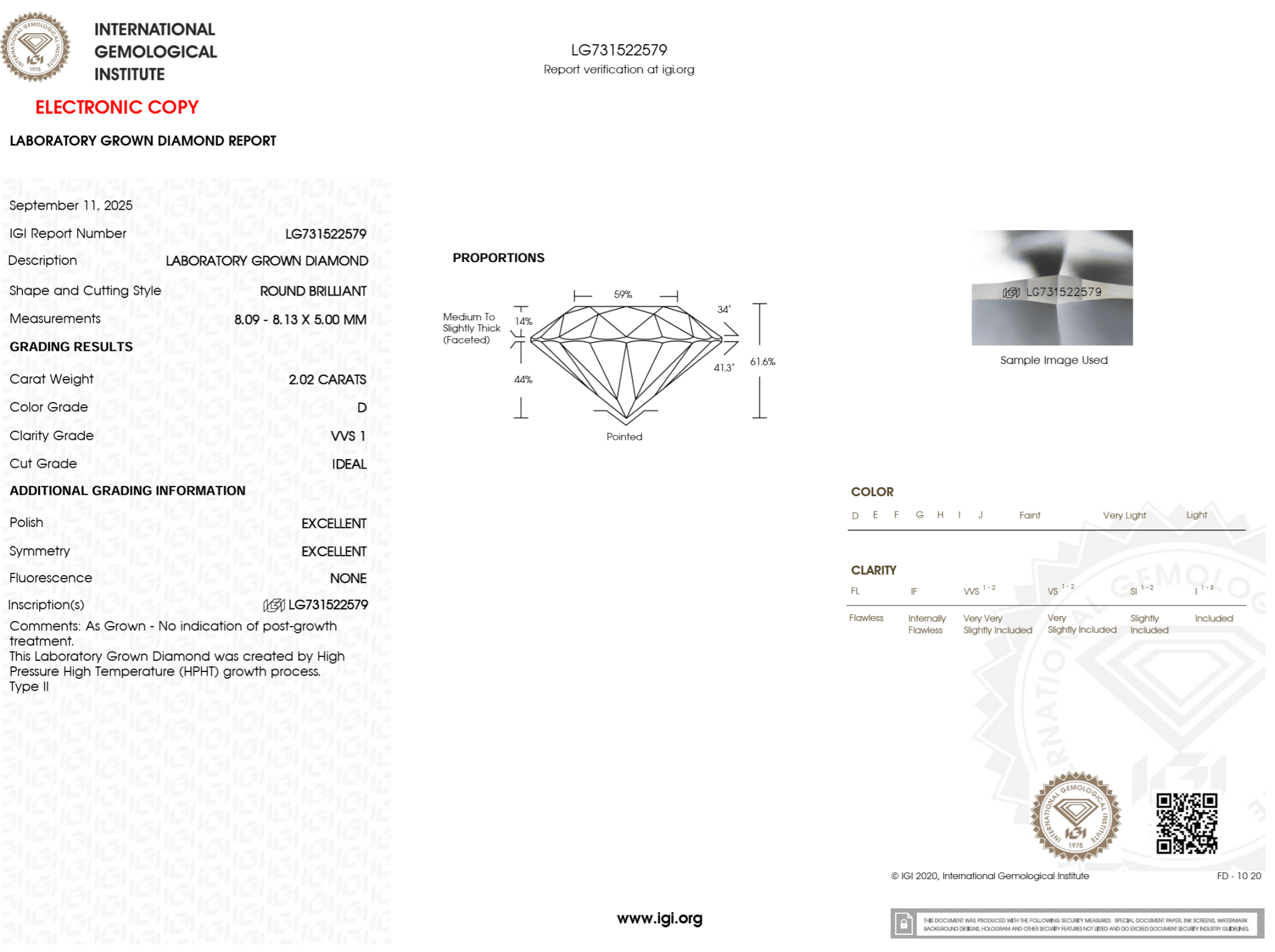 2.02 Carat D - VVS1 Round Lab Grown Diamond - IGI (125264) - PBD Loose Diamond