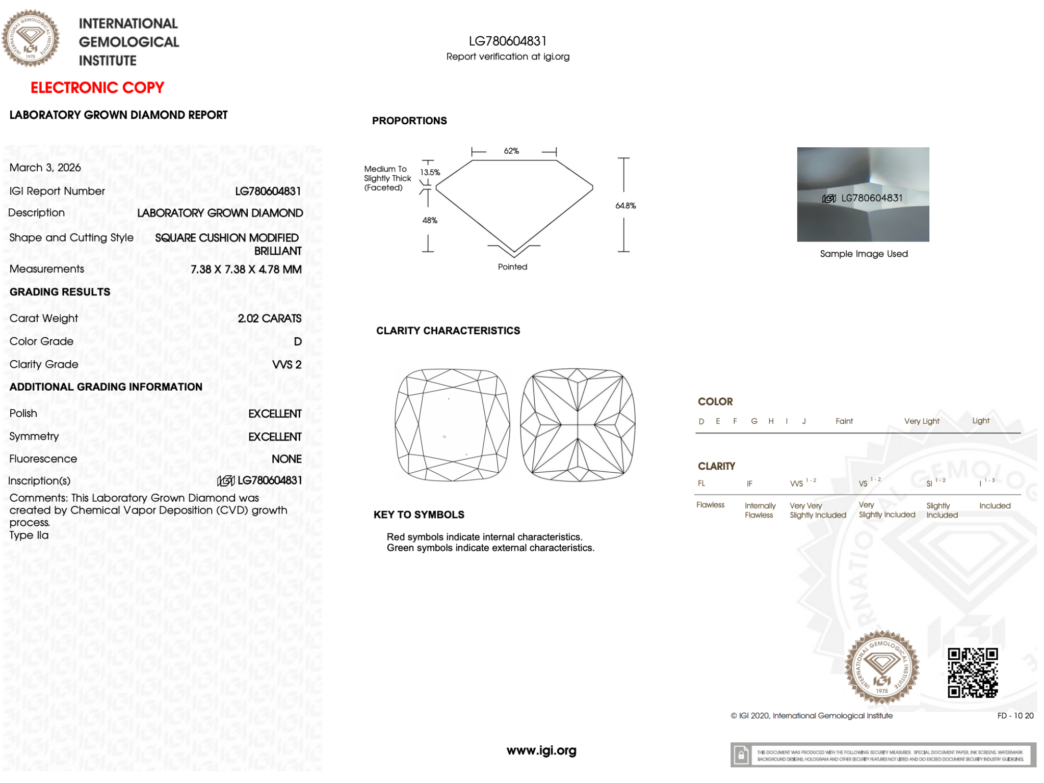 2.02 Carat D-VVS2 Cushion Lab Grown Diamond - IGI (126743) - PBD Loose Diamond