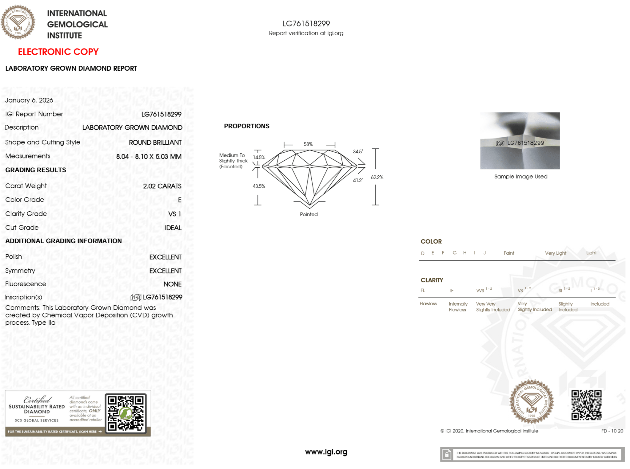 2.02 Carat E - VS1 Round Lab Grown Diamond - IGI (124316) - PBD Loose Diamond