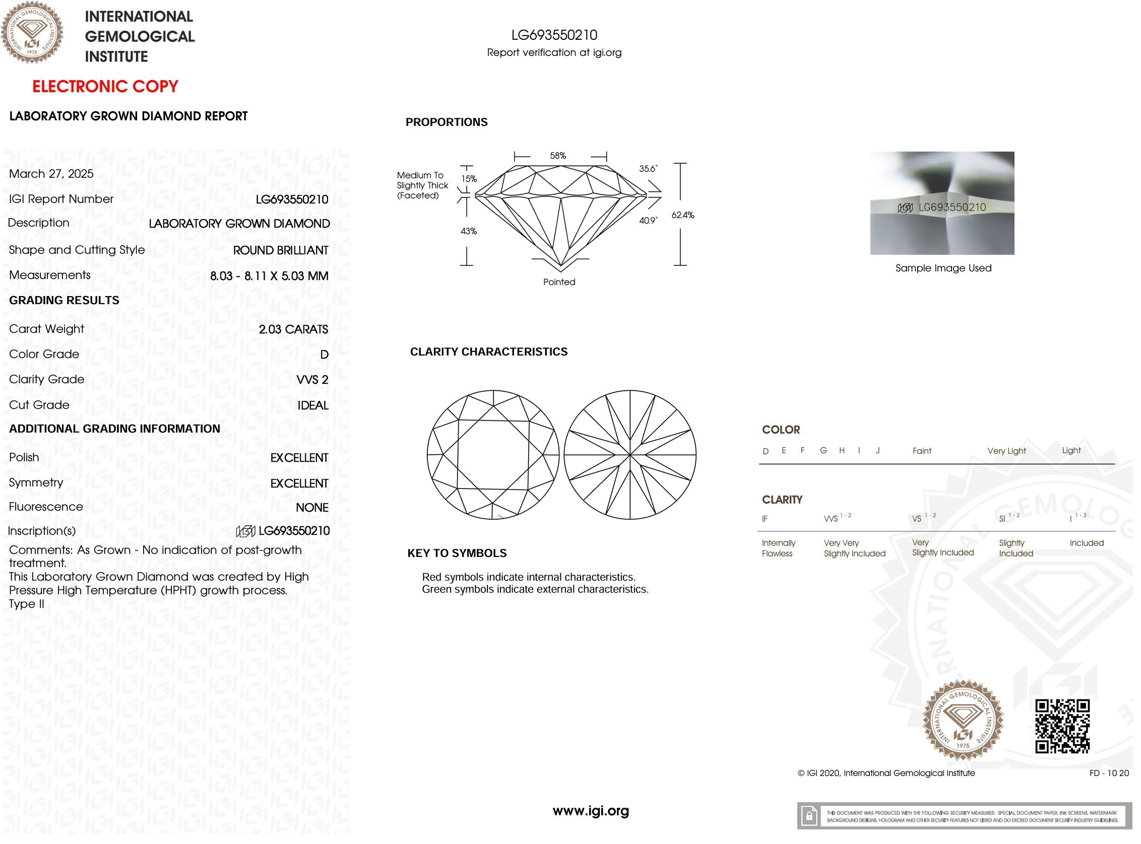 2.03 Carat D-VVS2 Round Lab Grown Diamond - IGI (#53796) Loose Diamond Princess Bride Diamonds 