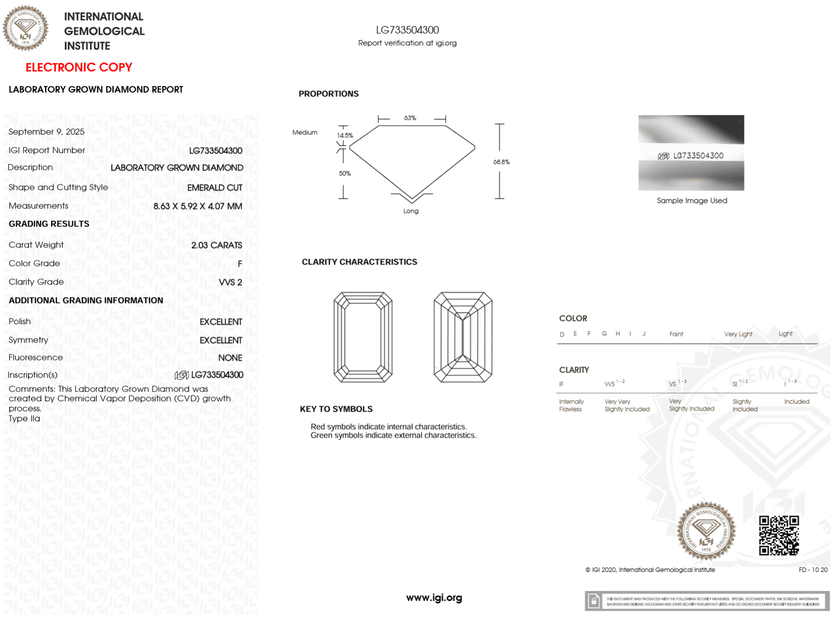 2.03 Carat F - VVS2 Emerald Lab Grown Diamond - IGI (122823) - PBD Loose Diamond
