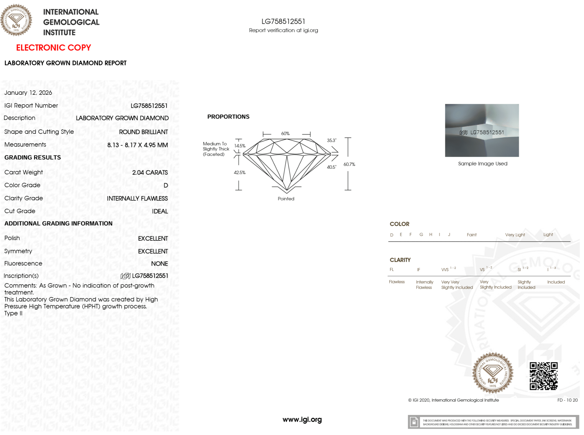 2.04 Carat D - IF Round Lab Grown Diamond - IGI (125266) - PBD Loose Diamond