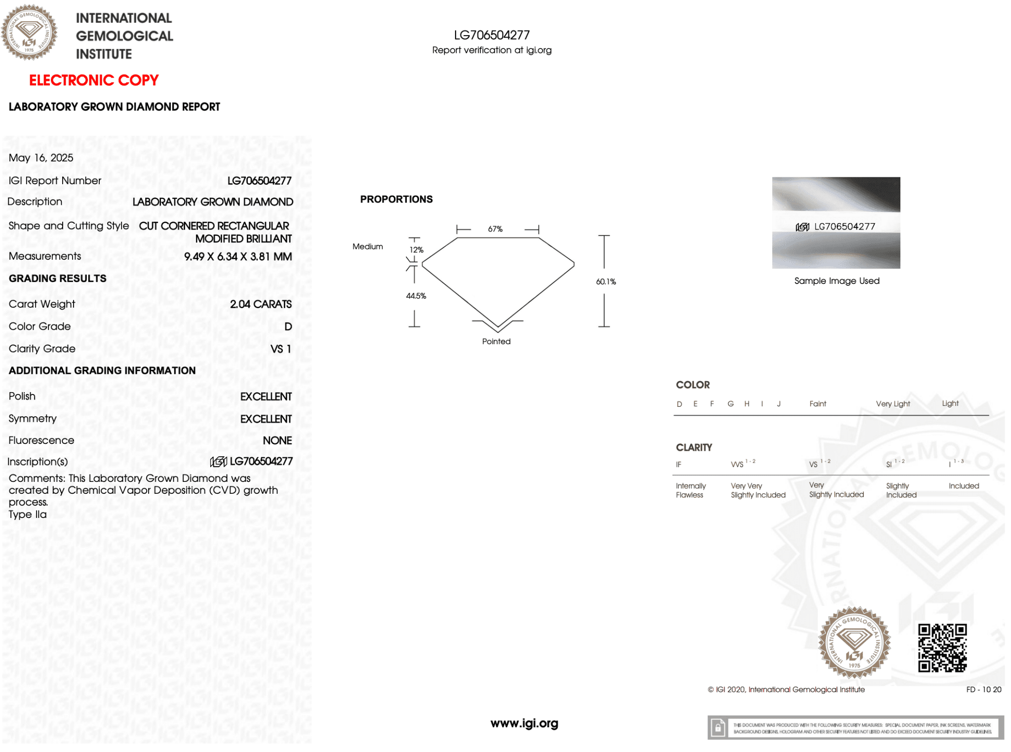 2.04 Carat D - VS1 Radiant Lab Grown Diamond - IGI (121889) - PBD Loose Diamond