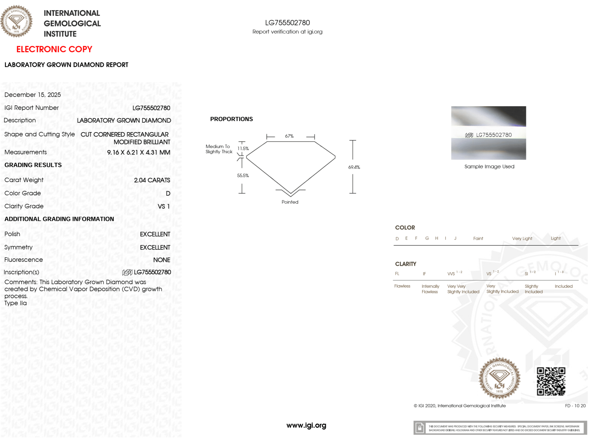 2.04 Carat D - VS1 Radiant Lab Grown Diamond - IGI (125450) - PBD Loose Diamond