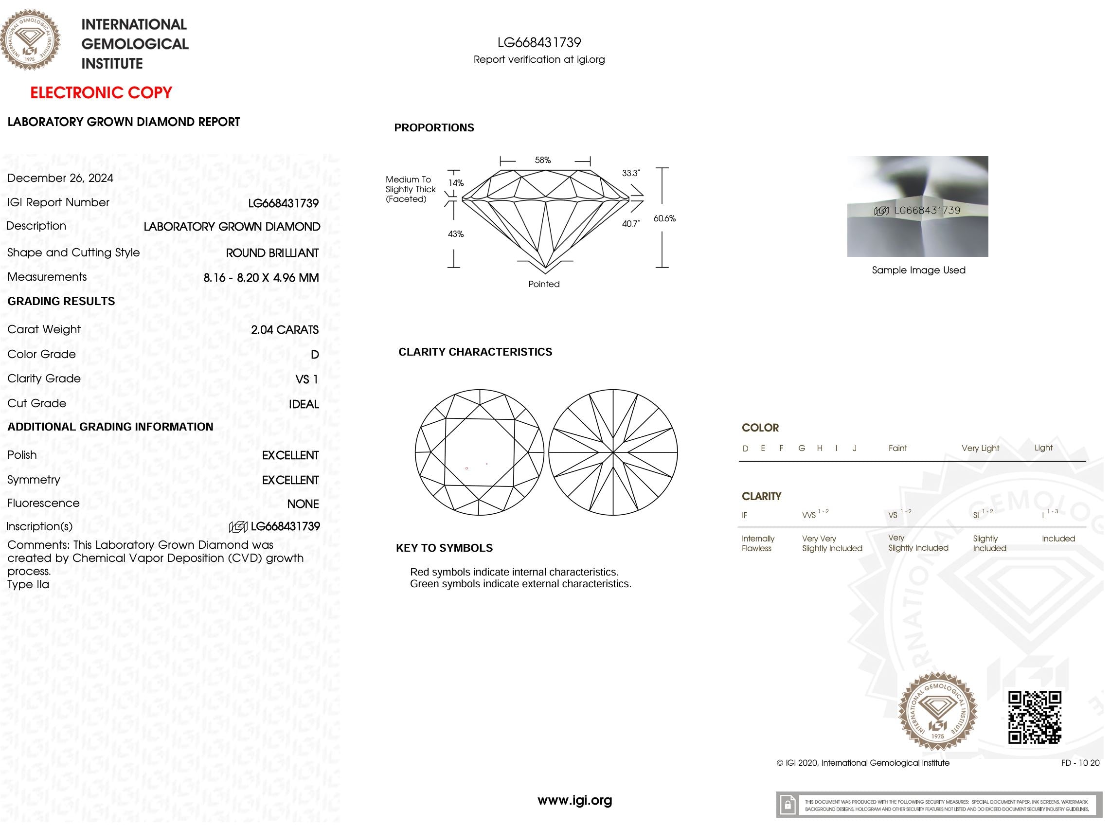 2.04 Carat D-VS1 Round Lab Grown Diamond - IGI (#52192) Loose Diamond Princess Bride Diamonds 