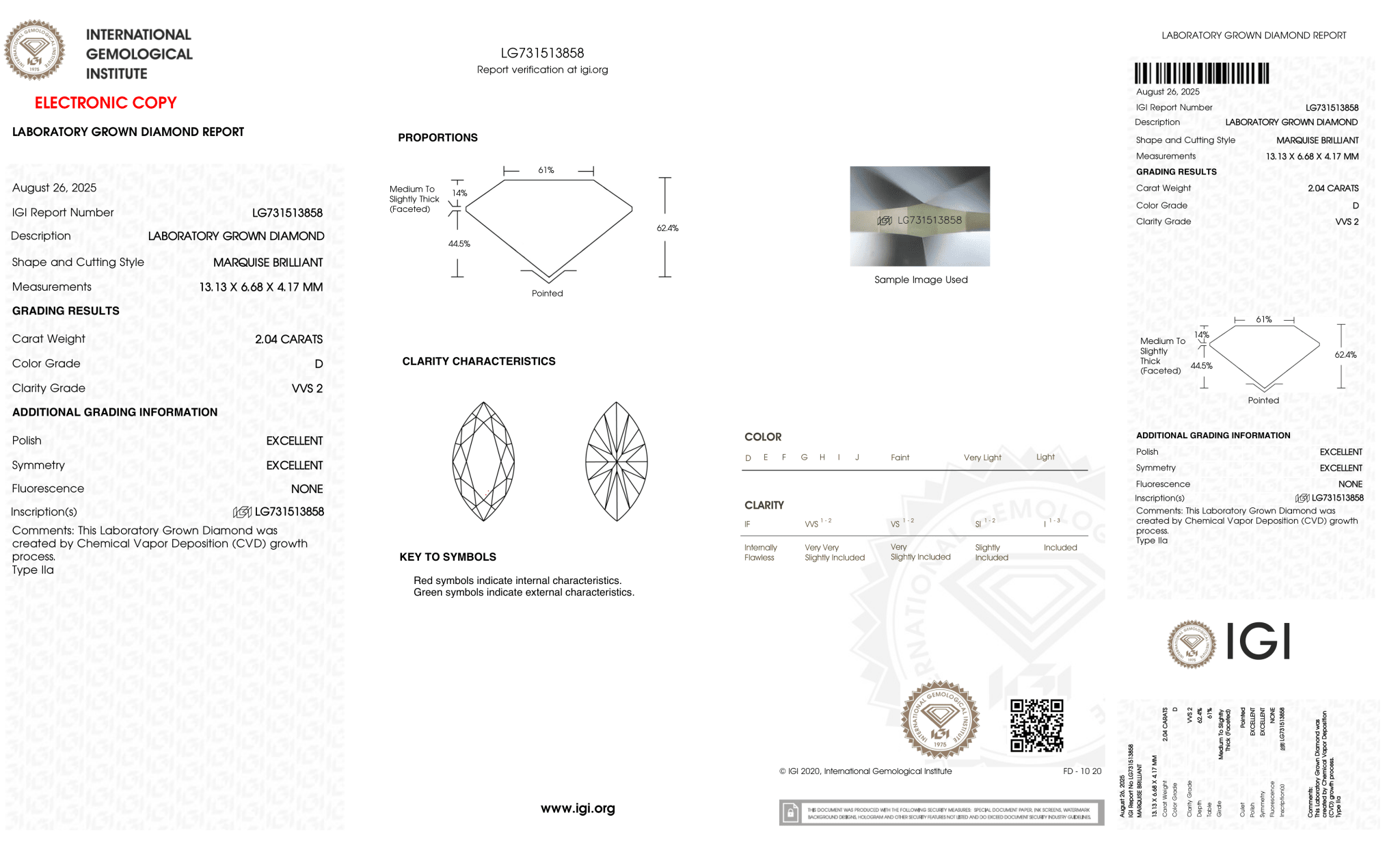 2.04 Carat D-VVS2 Marquise Lab Grown Diamond - IGI (127703) - PBD Loose Diamond