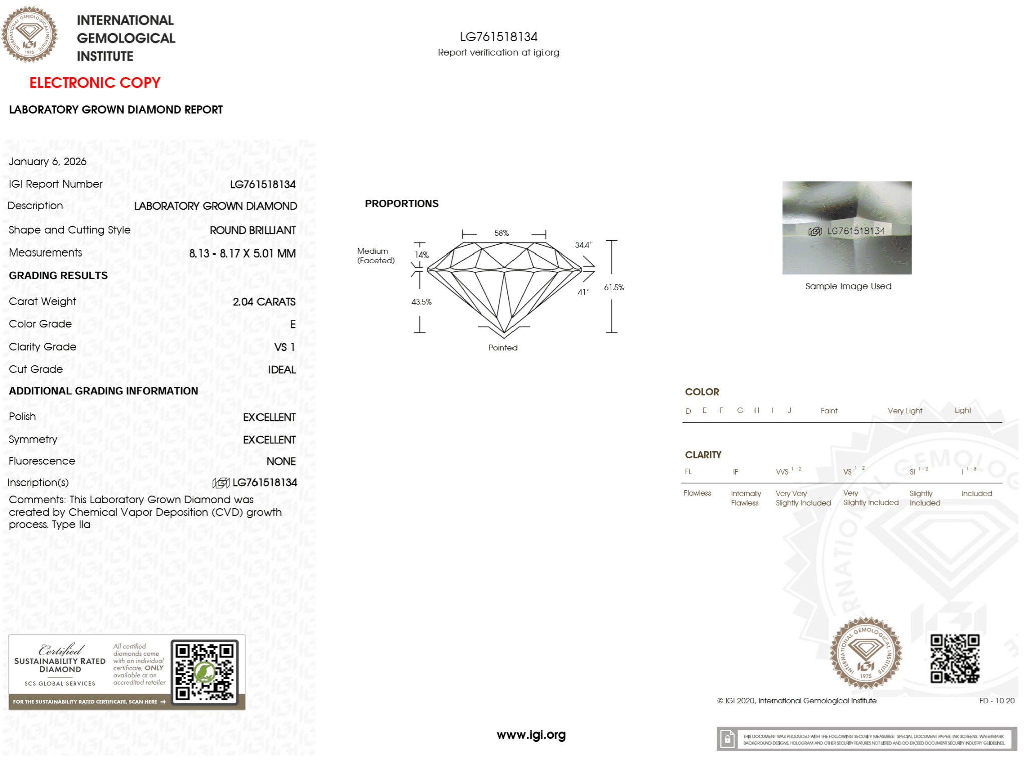 2.04 Carat E - VS1 Round Lab Grown Diamond - IGI (124315) - PBD Loose Diamond