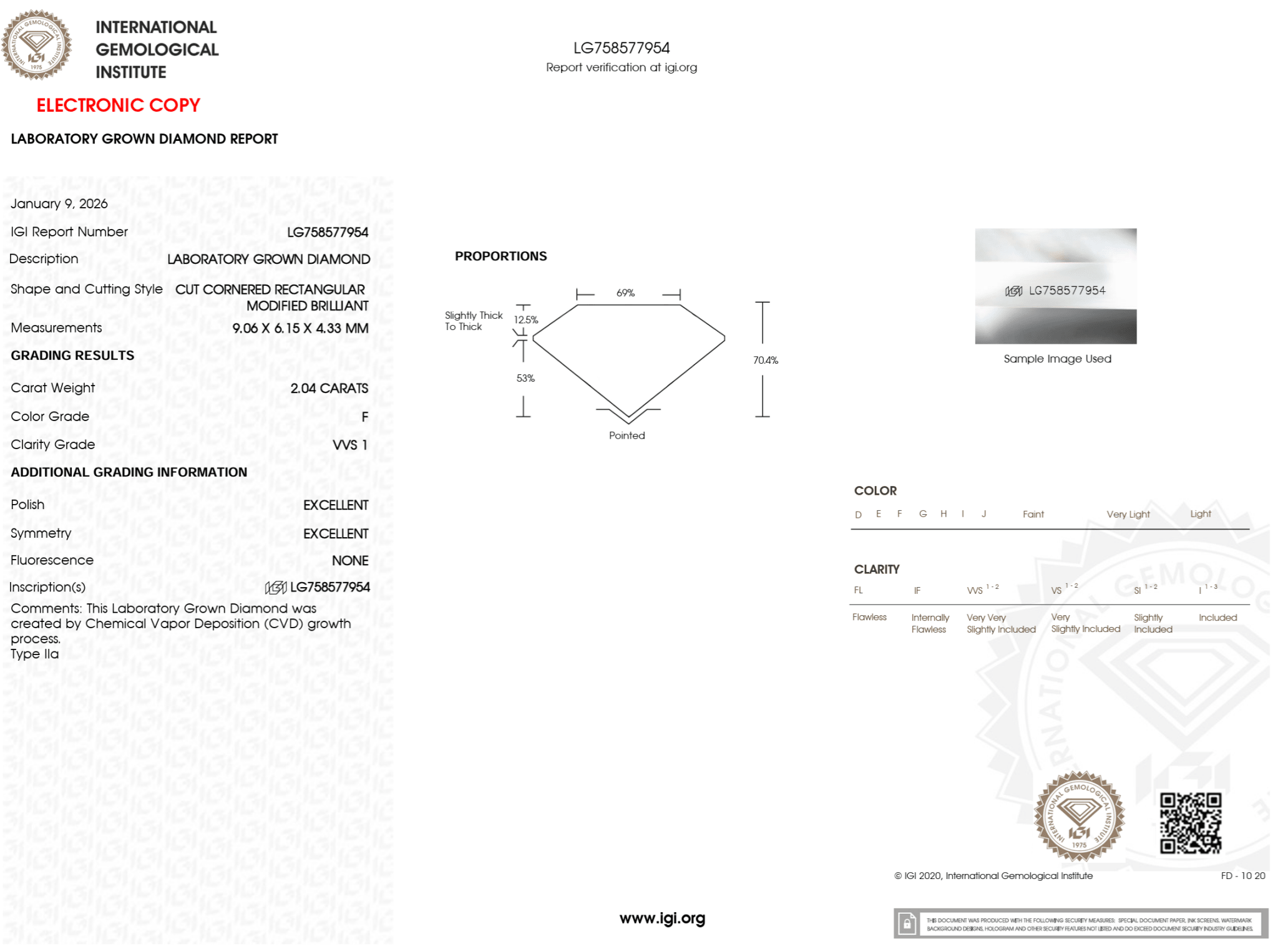 2.04 Carat F - VVS1 Radiant Lab Grown Diamond - IGI (125405) - PBD Loose Diamond