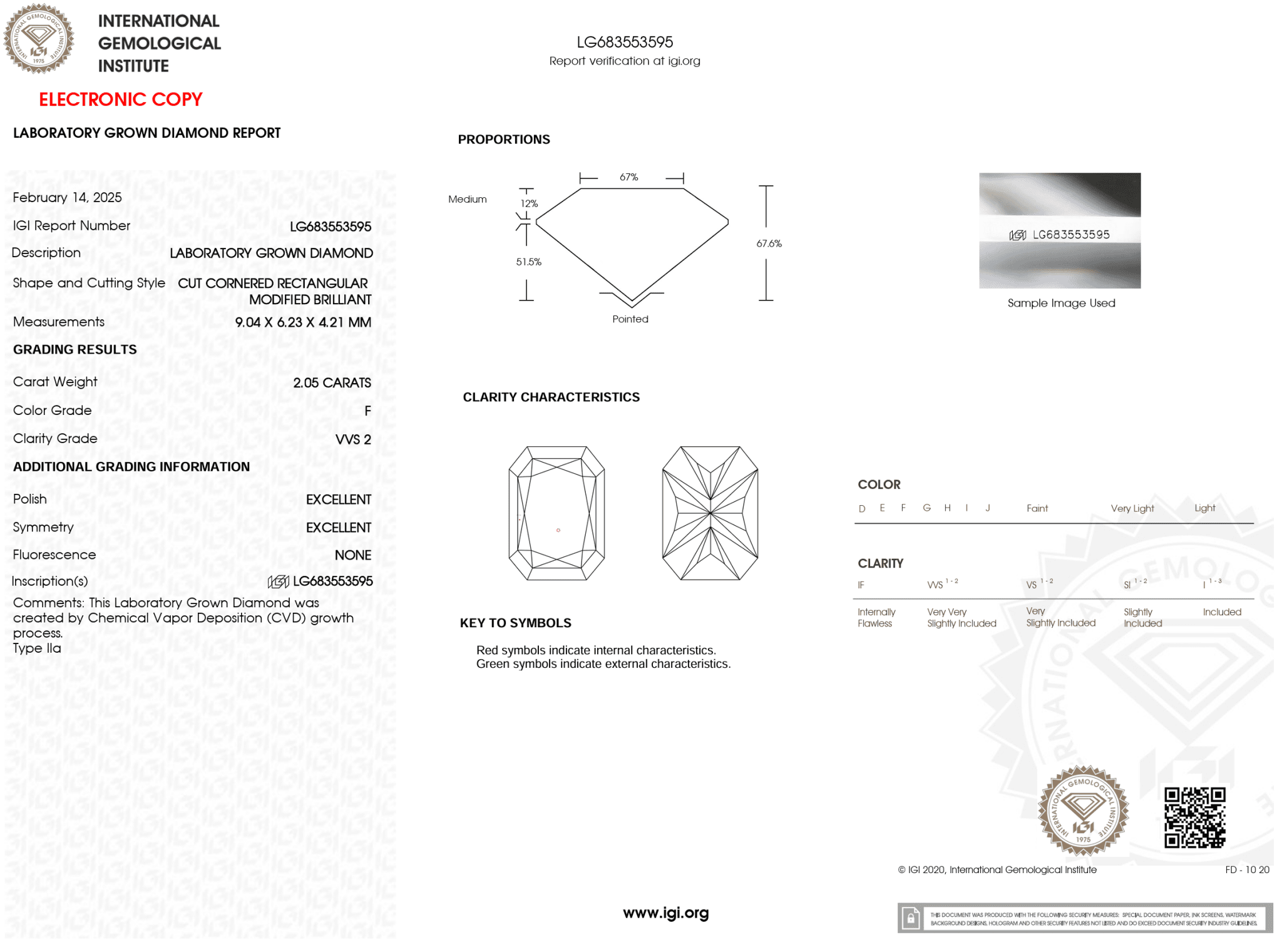 2.05 Carat F - VVS2 Radiant Lab Grown Diamond - IGI (120384) - PBD Loose Diamond