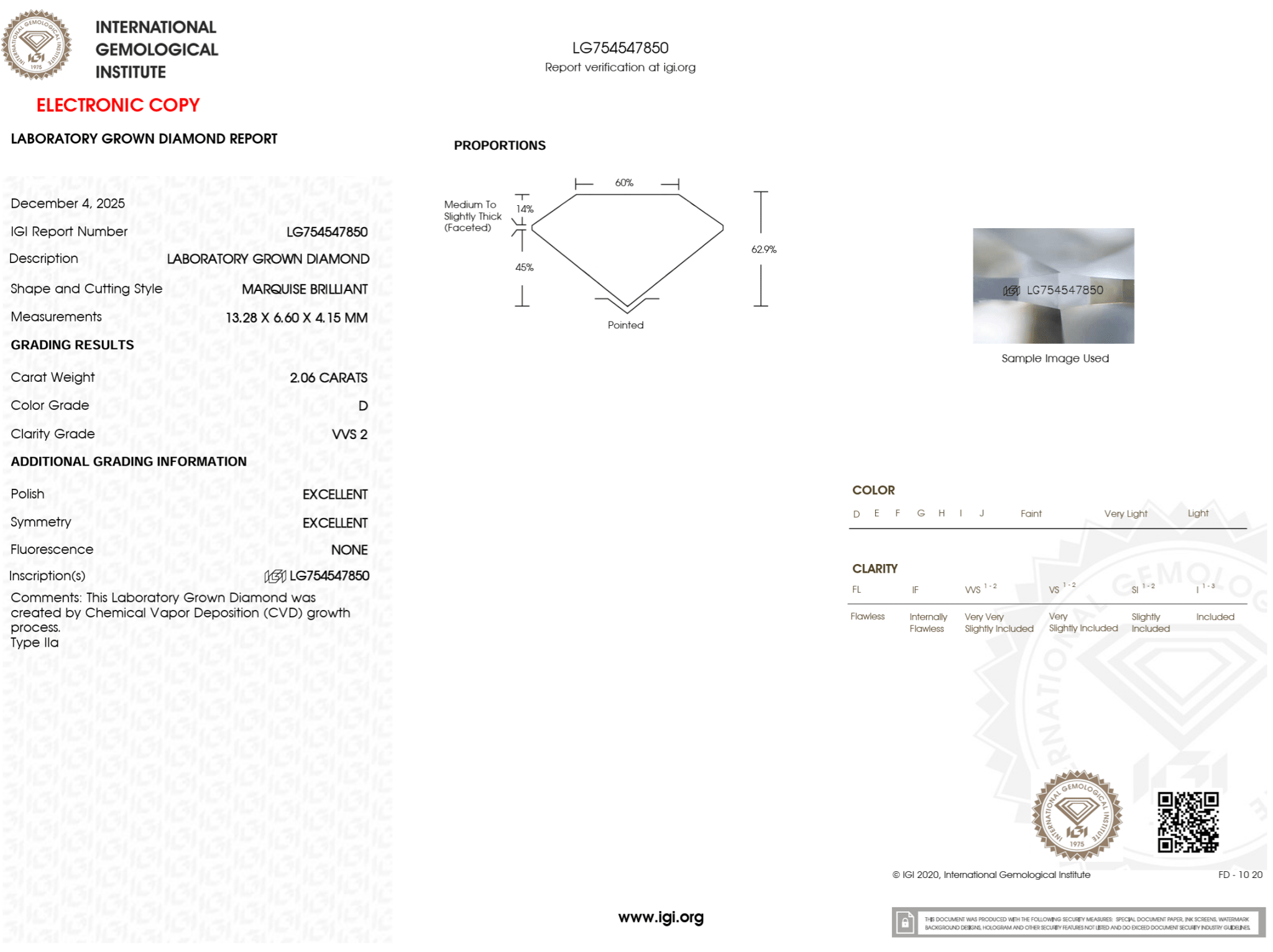 2.06 Carat D - VVS2 Marquise Lab Grown Diamond - IGI (124924) - PBD Loose Diamond